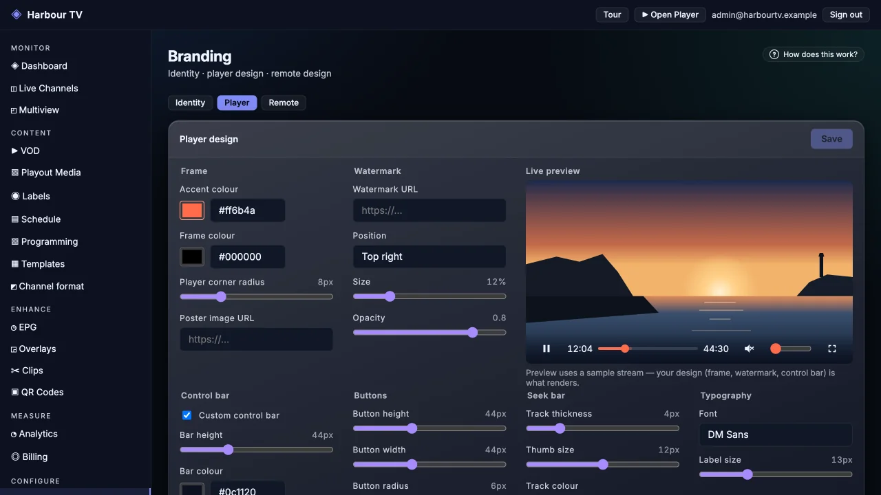 Player design in the portal, with the live preview beside the settings.