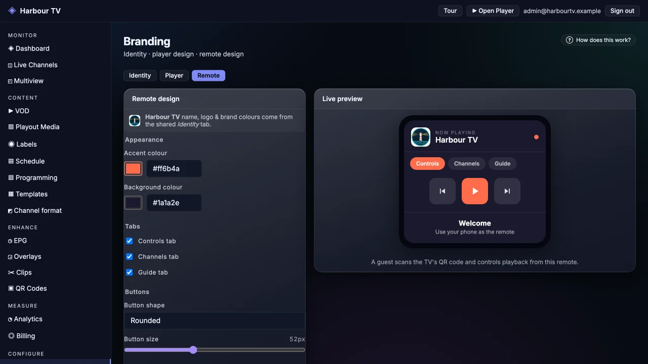 The phone remote, designed in the portal, with its live preview.